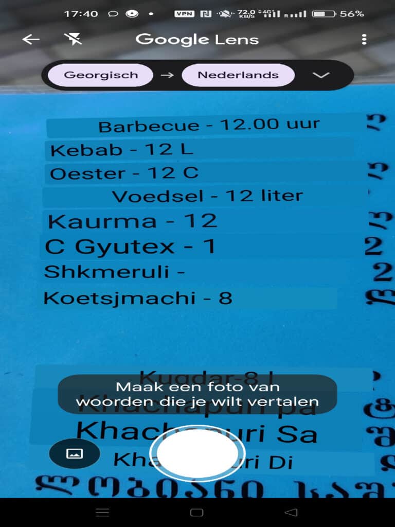 Menu cafe-bar "Stans" in't Google-Vlaams
